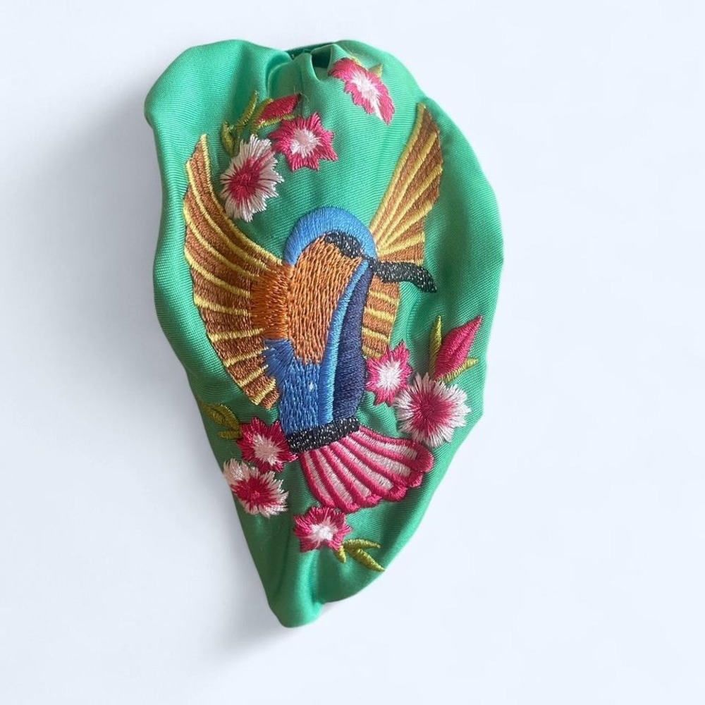 Green bird embroidered boho headband - Picture 2 of 7